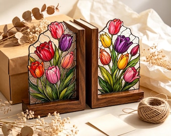 Colorful Tulip Flower Bookends, Stained Glass Floral Decor, Unique Bookshelf Accent, Mother’s Day Gift Idea
