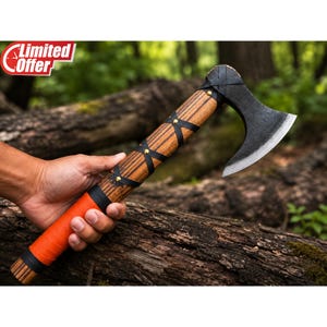 Handmade Bearded Axe, Patterned Steel, Wooden Handle, Viking Bushcraft Tool