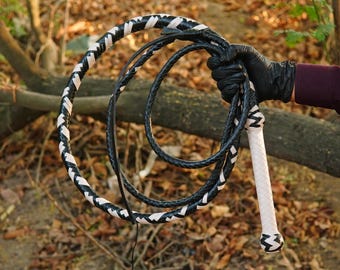 4 Ft Handmade Black & White Braided Bullwhip, Western Costume Prop, Collector Display Practice Whip
