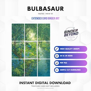 Op de afbeelding: Een digitale download van Bulbasaur 166/165 Mew 151 uitgebreide kaartenmapkunst. De afbeelding toont een groene bos- en beekscène verdeeld in negen panelen, met tekst waaronder Binder Beyond, High Quality 300DPI, A4 & US Sizes, PDF File en Simple Cut Guidelines.