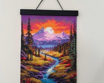 Mountain Stream and Pine Trees Diamond Painting with Frame