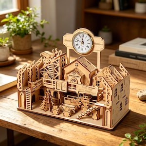 Op de afbeelding: Een houten model van de fabriek van de Kerstman met een centrale analoge klok met een gouden rand, een miniatuur kerstboom, geschenkdozen en een bord met de tekst "Days Left Until Christmas". De structuur bevat gedetailleerde lasergesneden elementen.
