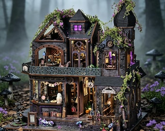 DIY Gothic Miniatur Hexe Buchladen 3D Puzzle, Fantasy Puppenhaus mit LED Lichter, Halloween Zauberer Raum Modell