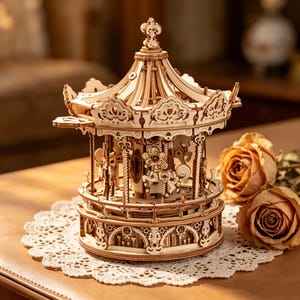 May include: A light brown wooden carousel model featuring intricate laser-cut details, a central rotating pillar with horse figures, a decorative roof with a finial, and a circular base with ornate cutouts, all crafted from interlocking wood pieces.