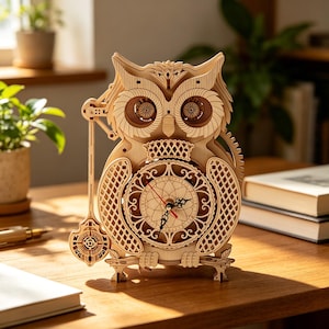 DIY Steampunk Owl Pendelur 3D Träpussel Kit, Owl Trä Bokhylla Klocka, Utsökt Ornament