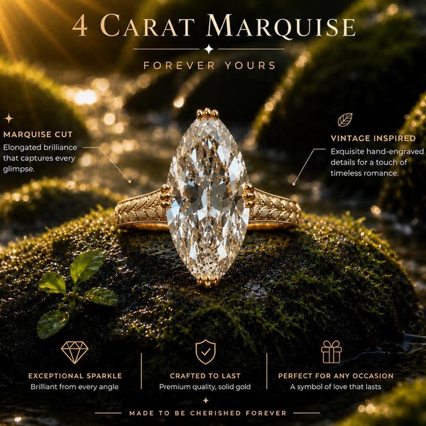 Anello solitario da donna con diamante a taglio marquise da 4 carati, anello di fidanzamento vintage in oro giallo 14 carati con incisioni floreali, fede nuziale in stile antico.
