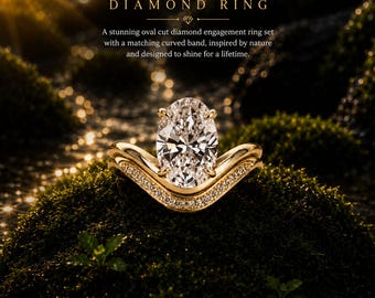 3CT Oval Cut Moissanite Engagement Ring Set in 14K Yellow Gold, Matching Curved Wedding Band, Bridal Ring Set, Anniversary Ring for Women