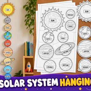 Könnte beinhalten: Ein vertikales Hängemobil mit der Sonne und acht Planeten in der richtigen Reihenfolge, beschriftet mit Sun, Mercury, Venus, Earth, Mars, Jupiter, Saturn, Uranus und Neptune. Enthält druckbare Bögen mit schwarz-weißen Umrissen der Himmelskörper.