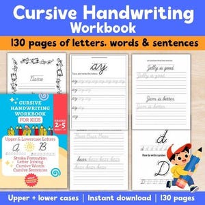 Può includere: Un quaderno di esercizi di scrittura corsiva per bambini con 130 pagine di lettere, parole e frasi. La copertina presenta matite colorate e un personaggio dei cartoni animati che tiene una matita. Le pagine interne mostrano linee di pratica.
