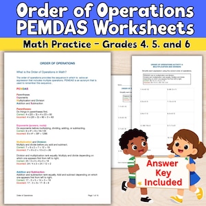 Puede incluir: Hojas de trabajo de matemáticas tituladas Order of Operations PEMDAS Worksheets para los grados 4, 5 y 6. Las páginas explican el acrónimo PEMDAS con ejemplos para paréntesis, exponentes, multiplicación, división, suma y resta.