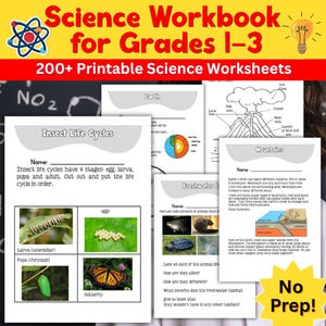 May include: A Science Workbook for Grades 1-3 featuring 200+ Printable Science Worksheets. The pages include educational content on insect life cycles, Earth layers, volcanoes, and mountains with diagrams, text, and color photographs of nature.