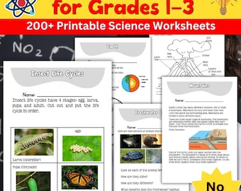 May include: A Science Workbook for Grades 1-3 featuring 200+ Printable Science Worksheets. The pages include educational content on insect life cycles, Earth layers, volcanoes, and mountains with diagrams, text, and color photographs of nature.