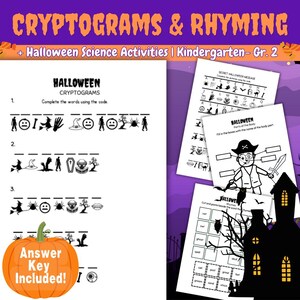 Halloween Cryptograms and Rhyming Worksheets,  Halloween Science Activities Kindergarten 1st 2nd Grade, PDF