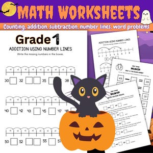 Halloween-matteövningar för första klass, addition, subtraktion, tallinjer och textproblem, utskrivbar PDF