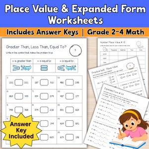 May include: Educational math worksheets for grades 2-4 featuring place value and expanded form exercises. The pages include comparison problems with alligator symbols, number charts, and practice tests with answer keys included.
