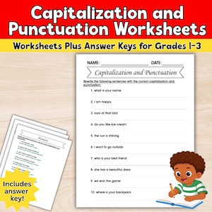 May include: A set of capitalization and punctuation worksheets for grades 1-3, featuring a main page with ten sentences to rewrite, a separate answer key page, and a cartoon illustration of a child writing in a notebook at the bottom right.