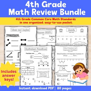 May include: A 4th Grade Math Review Bundle PDF packet featuring black and white worksheets on lines, angles, polygons, metric units, equivalent fractions, and mixed numbers. Includes answer keys and an illustration of a student writing.