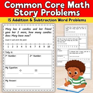 Può includere: Una scheda di esercizi di matematica Common Core con 15 problemi di addizione e sottrazione. La pagina include una linea dei numeri da 1 a 10, sezioni per contare, scrivere equazioni e registrare le risposte, con un'illustrazione a fumetti.