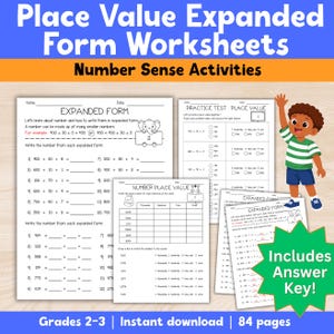 May include: A collection of educational worksheets titled Place Value Expanded Form Worksheets and Number Sense Activities. The pages feature math problems, place value charts, and number matching exercises, with a cartoon character and an answer key.