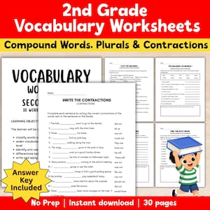 2nd Grade Vocabulary Worksheets, Grammar & Word Study Activities, 30 Printable ELA Worksheets with Answer Key