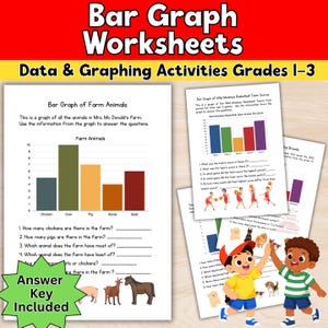 Puede incluir: Hojas de trabajo de gráficos de barras para los grados 1-3 que incluyen actividades de datos y gráficos. Las páginas muestran un gráfico de animales de granja, puntuaciones de un equipo de baloncesto y estadísticas de razas de perros con clave.