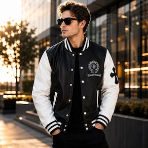 Men Brown Leather Varsity Jacket White Sleeves Patchwork Bomber Jacket