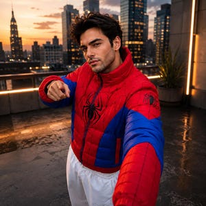 Puede incluir: Una chaqueta acolchada de color rojo y azul con un emblema de araña negra en el pecho y un gráfico de araña más pequeño en el hombro. La chaqueta tiene cuello alto, cremallera frontal completa y un patrón de rejilla en la tela.