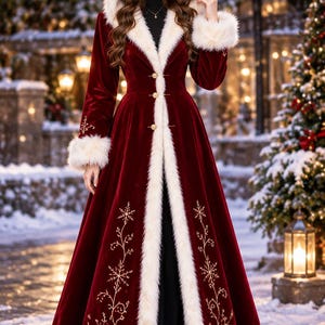 May include: A floor-length deep red velvet coat featuring a white faux fur trim along the hood, cuffs, and front opening. The coat includes three gold buttons and gold embroidered snowflake and vine patterns on the lower front panels.