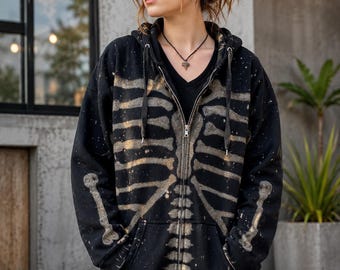Skeleton Zip Up Hoodie, Gothic Graphic Jacket, Streetwear Hoodie, Unisex Oversized Sweatshirt
