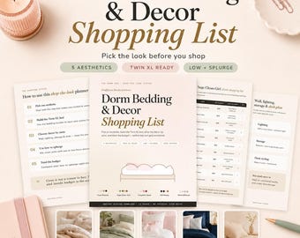 Dorm Bedding and Decor Shopping List, Dorm Room Aesthetic Planner, Twin XL Bedding Checklist, College Dorm Decor Guide, Canva