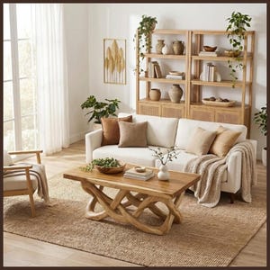 May include: A rectangular wooden coffee table with a sculptural, intertwined base sits on a woven rug. The table features a smooth, natural wood grain top and is positioned in front of a white sofa with beige pillows and a knit throw blanket.