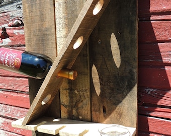 Rustic Pallet Wood Wine Rack, Bottle and Glass Holder, Reclaimed Wood