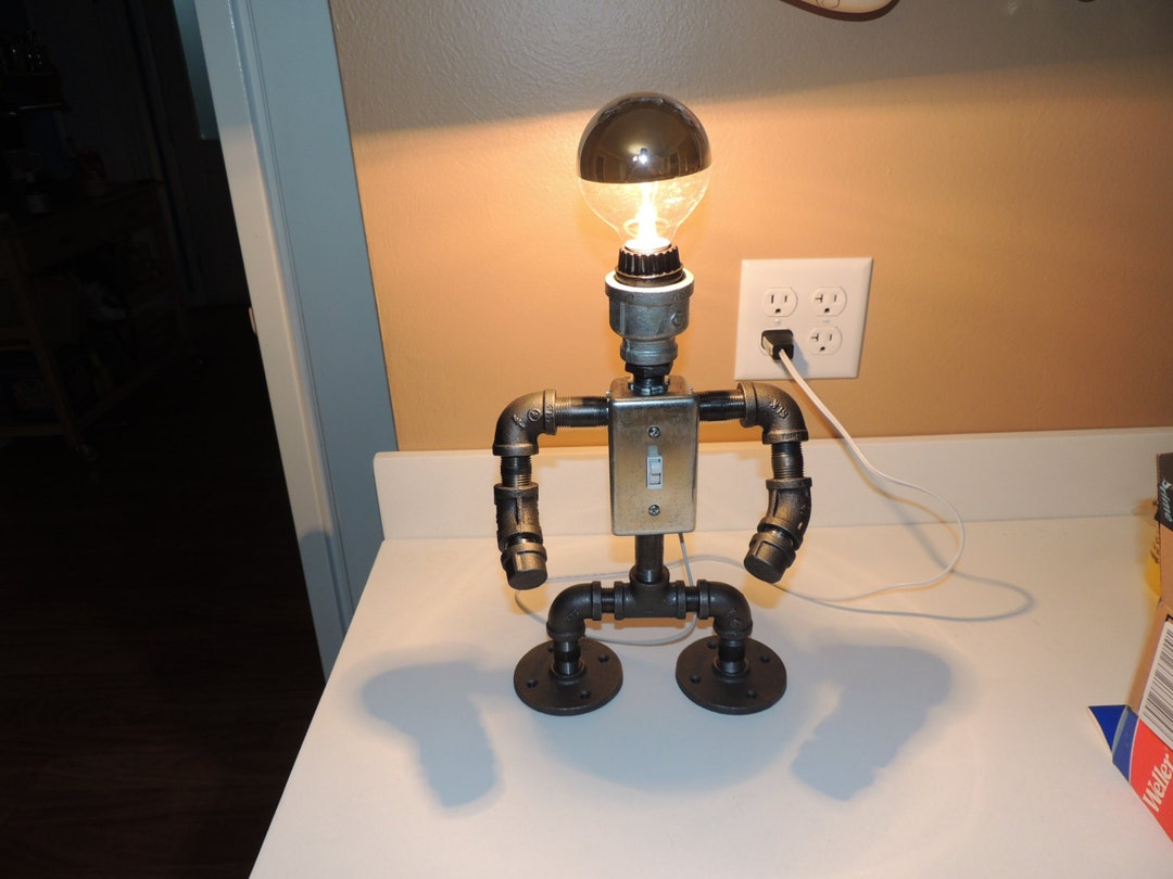 Black Pipe Table Lamp Robot With Light Switch Etsy