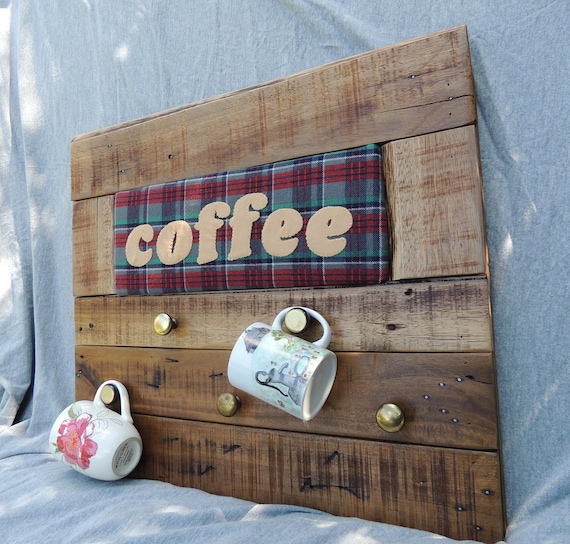 Coffee Cup Rack Mug Holder Pallet Wood With Plaid Inset - Coffee Mug Holder Wall Hanging Coffee Cup Rack Mug Holder Pallet Wood With Plaid Inset - Coffee Mug Holder Wall Hanging