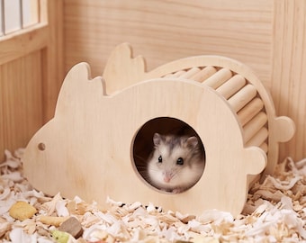 Houten schuilplaats voor konijntjes en hamsters, schattig konijnvormig huisje voor kleine huisdieren, tunnelvormige schuilplaats van natuurlijk hout, decoratie voor hamsterkooi, schuilplaats voor gerbils