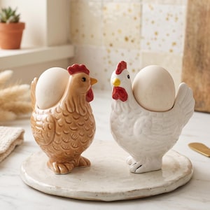 Puede incluir: Dos hueveras de cerámica con forma de gallina, una marrón y otra blanca, cada una con un huevo. Las figuras de gallina tienen crestas rojas y picos amarillos, y se apoyan sobre un plato redondo de cerámica color hueso con bordes irregulares.