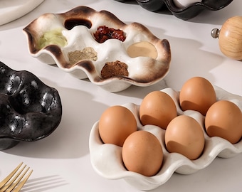 Bandeja de cerámica para huevos con 6 compartimentos, salsera dividida con esmalte retro, bandeja ondulada, organizador de cocina rústico, regalo de inauguración para el chef de la casa