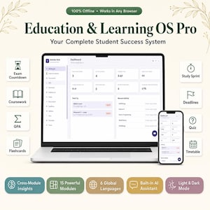 May include: A digital dashboard interface titled Education & Learning OS Pro displayed on a laptop and smartphone. The screen shows student metrics, exam countdowns, and coursework modules. Icons for study tools surround the devices on a light background.