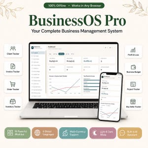 May include: BusinessOS Pro business management system displayed on a laptop and smartphone screen. The interface shows a dashboard with financial data, revenue charts, and various tracking modules including client, invoice, order, and inventory trackers.
