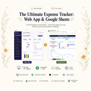 May include: A digital expense tracker system featuring a web app and Google Sheets interface. The display shows financial dashboards with charts, budget limits, and spending trends. Includes icons for modules, tabs, lifetime access, and multi-currency support.