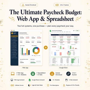 May include: A digital financial planning tool featuring The Ultimate Paycheck Budget: Web App & Spreadsheet. The display shows a web app command center and a Google Sheets dashboard with various financial charts, data tables, and budget tracking modules.
