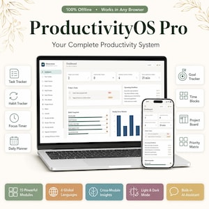 Könnte beinhalten: ProductivityOS Pro Software auf einem Laptop- und Smartphone-Bildschirm. Die Benutzeroberfläche zeigt ein Dashboard mit Aufgabenverfolgung, Gewohnheitsübersichten und Fristen. Symbole am Rand repräsentieren Module wie Zielverfolgung und Zeitblöcke.