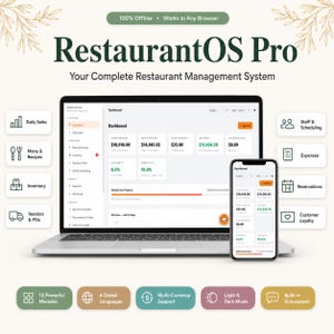 May include: A laptop and smartphone displaying the RestaurantOS Pro dashboard, a restaurant management system. The screens show financial data, sales metrics, and navigation menus. Surrounding icons represent modules like daily sales, staff scheduling, and inventory.