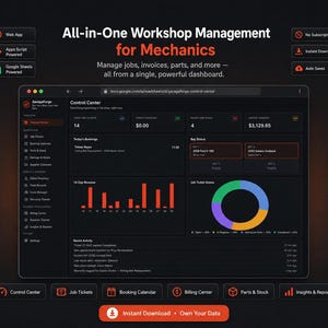 May include: A digital dashboard interface titled All-in-One Workshop Management for Mechanics, displaying a dark-themed spreadsheet control center with job tickets, revenue charts, bay status, and recent activity logs, featuring icons for web app, Google Sheets, and instant download.
