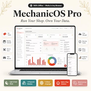 Peut inclure: Un ordinateur portable et un smartphone affichant l'interface du logiciel MechanicOS Pro, présentant un tableau de bord avec des graphiques de revenus, le statut des tickets de travail et des icônes de navigation pour la gestion.