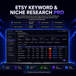 Pode incluir: Uma interface digital para Etsy Keyword & Niche Research Pro exibida na tela de um laptop. O painel escuro apresenta uma tabela de exploração de palavras-chave com métricas, cercado por raios azuis.