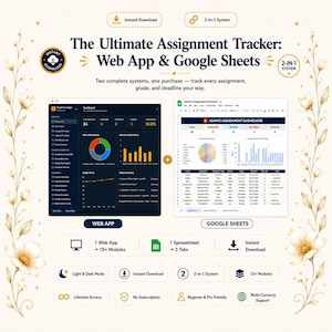 May include: A digital assignment tracker featuring a web app dashboard with dark mode and a Google Sheets spreadsheet. The text reads The Ultimate Assignment Tracker: Web App & Google Sheets, Adam's Assignment Dashboard, and includes icons for 15+ modules, lifetime access, and no subscription.