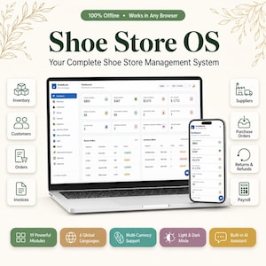 May include: A laptop and smartphone displaying the Shoe Store OS dashboard, surrounded by icons for inventory, customers, orders, invoices, suppliers, purchase orders, returns, and payroll, with text highlighting 19 modules and AI features.