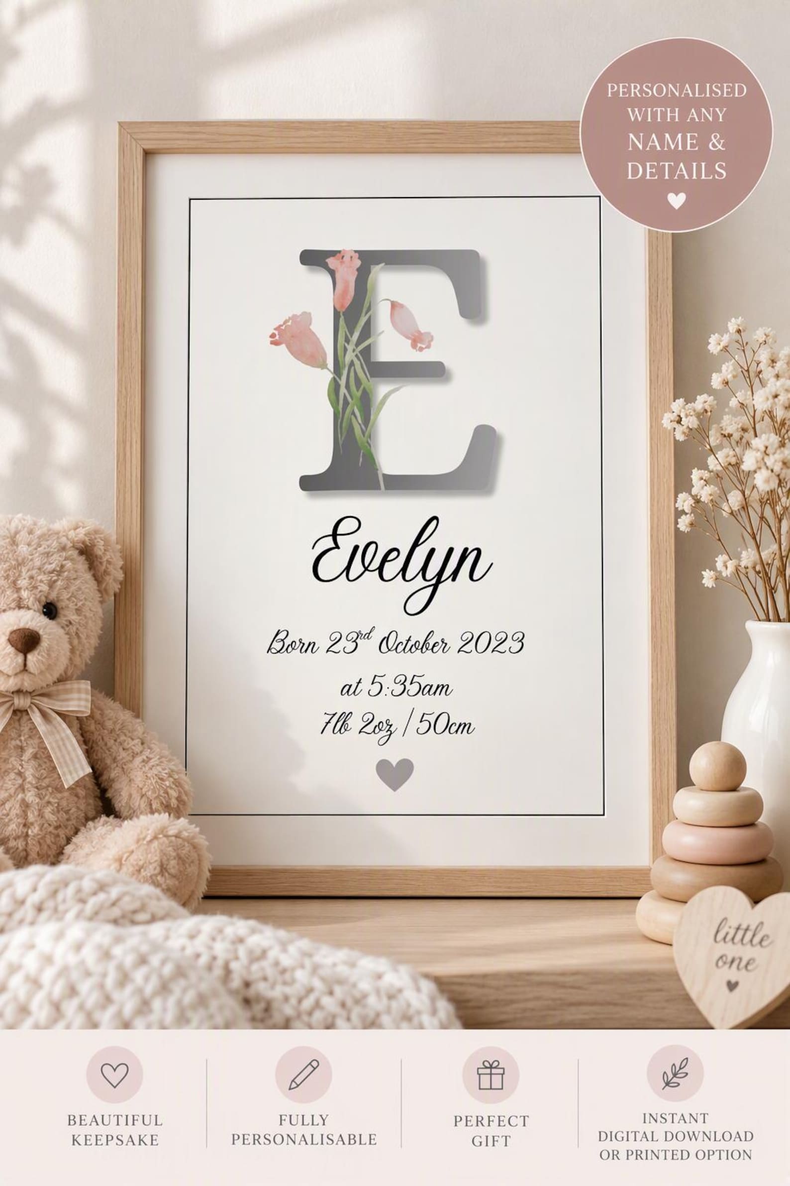 Personalised Baby Birth Announcement Print | Custom Newborn Nursery ...
