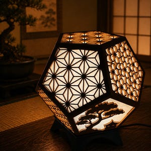 組子模様　間接照明　テーブルランプ  ベッドライトThis is a Japanese modern dodecahedron lamp made with traditional washi paper　